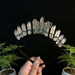 Natural crystal quartz headband with metal butterfly crown, elegant hair accessory for women.