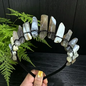 Natural crystal crown headband detail shot, raw stone wire-wrapped hair accessory for women.