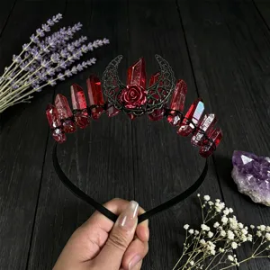 Gothic red crystal crown headband with crescent moon and rose for women photo props 1pc