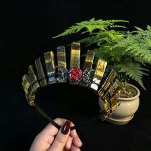 Natural tiger eye crystal crown headband detail, gothic black moon rose hair accessory