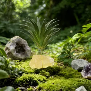Vue détaillée de la plante aérienne créative et du cristal jaune sur de la mousse.