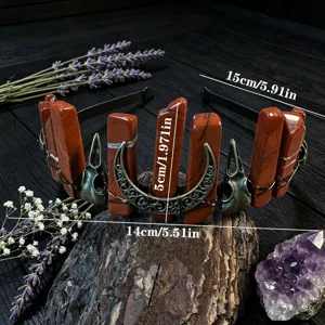 Gotischer roter Jaspis Kristall Kronen Haarreif mit Mond und Totenkopf, Vintage Haarschmuck.