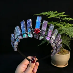 Natural crystal tiara headband with purple quartz stone columns, red rose and moon metal decor.