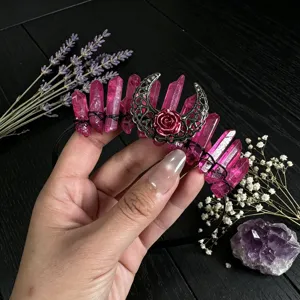 Natural crystal tiara headband with moon rose pink quartz crystal clusters for women photo props