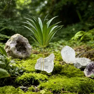Vue détaillée d'une plante aquatique artificielle avec base en cristal pour aquarium.