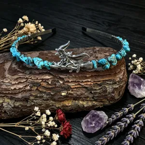 Exquisite handmade crystal turquoise stone witch broom headband, unique festival hair accessory.