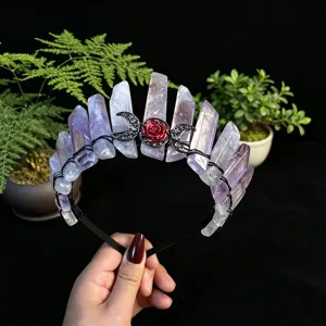 Handmade crystal crown headband with rose and moon charms for women daily wear and party.