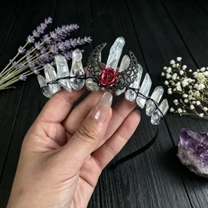 Gothic crystal quartz tiara headband with metal crescent moon and red rose for women.