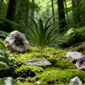 Vue détaillée de la plante aquatique artificielle avec base en cristal sur mousse.