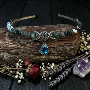 Natural Crystal Stone Tiara Wiccan Pentagram Moon Headband Gothic Hair Accessory