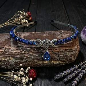 Exquisite crystal moon crown headband with blue gemstone pendant for bridal festival parties.