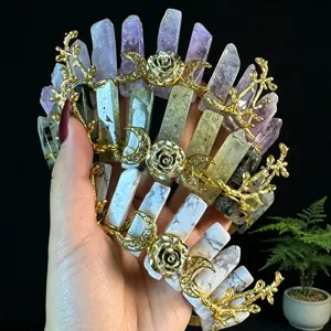 Natural crystal crown with crescent moon and rose gold metal branch design for women.