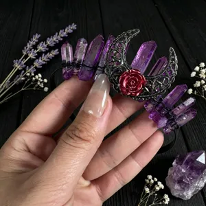 Handmade crystal crown headband with crescent moon and red rose for women photography.