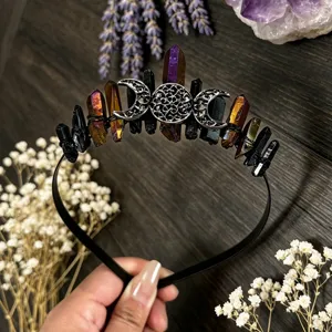 Diadema de cristal natural con corona de luna negra, accesorio Wicca perfecto para fotos.