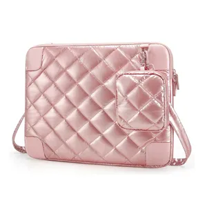 Fundas acolchadas para portátil rosa bolso bandolera impermeable con bolsillo pequeño y correa.