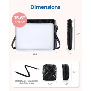Tabla de tallas detallada que muestra las dimensiones de la funda para portátil negra.
