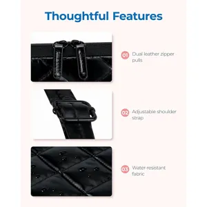 Vista detallada de la funda para portátil acolchada negra con tiradores de cuero y tela impermeable.