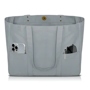 Gray canvas tote bag detail view, multi-pocket organizer for women, casual handbag with handle