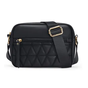 Black quilted leather women crossbody bag with gold hardware and adjustable strap for daily use
