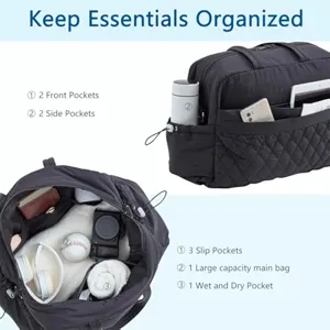 Quilted travel duffle bag with multiple pockets, wet pocket and large capacity for gym sports.