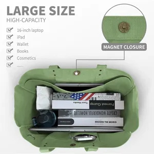 Green canvas tote bag for women, large capacity shoulder handbag with multiple inner pockets.