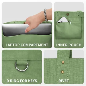 Green canvas tote bag detail showing laptop compartment, inner pocket, and key ring features.