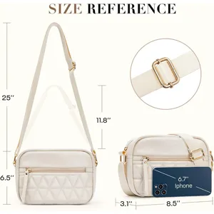 Small quilted crossbody bag size detail with adjustable strap and dimensions for women.