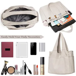 Canvas tote bag for women large capacity shoulder bag multi pocket casual handbag for work.