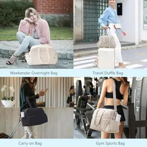 Detailed multi-scene display of the quilted travel duffel bag in gym and outdoor use.