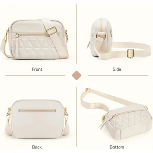 Detailed view of the white quilted small crossbody bag showing multi angles and details.