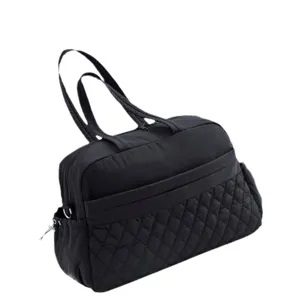 Black quilted travel duffel bag for women, lightweight gym handbag with shoulder straps.