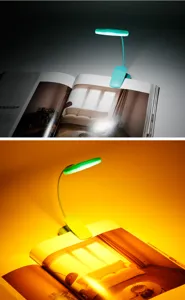 Gedetailleerd overzicht van de draagbare LED-leeslamp met flexibele arm en twee verlichtingsstanden.