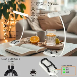 LED clip-on reading light with 3 color modes, 5 brightness levels, eye-caring, and USB-C.