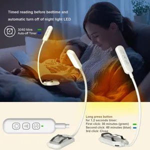 Lámpara de lectura LED recargable con cuello de cisne flexible y función de temporizador.