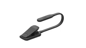 Detail view of portable LED reading light head, flexible gooseneck and sturdy clip base.