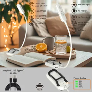 Lámpara de lectura LED con clip recargable, protección ocular y tres modos de color.