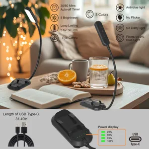 Lámpara de lectura LED con pinza y cuello flexible, 3 modos de color y 5 niveles de brillo útil.