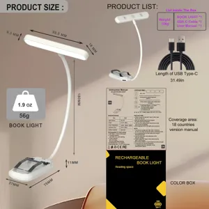 Details showing the compact LED book light dimensions, 500mAh battery, and flexible gooseneck.