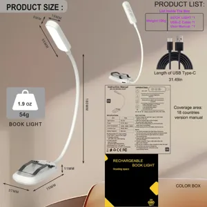 Vista detallada de la lámpara de lectura LED recargable con brillo ajustable y cable USB.