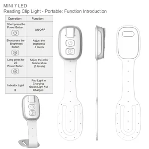 Draagbare LED leeslamp met klem detailweergave toont bedieningsinstructies en aanzichten.