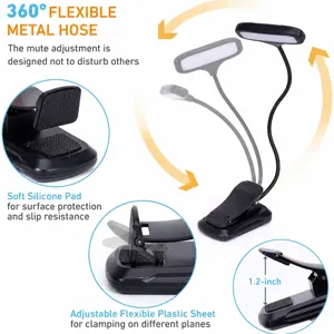 Portable clip-on LED reading lamp with flexible metal hose and rechargeable battery for study.