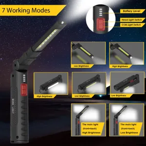 Foldable LED work light with multiple modes, rechargeable battery, and high brightness.