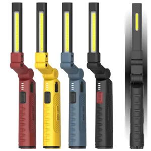 Detail view of portable foldable COB LED work light with multiple colors and magnetic base.