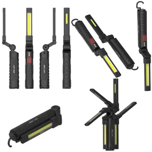 Foldable LED work light detail view showing multi-angle adjustment and COB illumination.