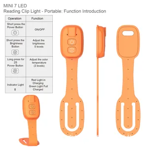 Portable mini LED reading clip light with adjustable brightness levels and color temperature settings.