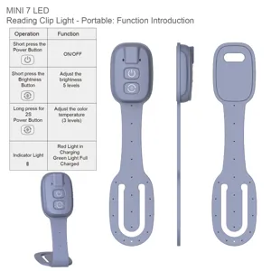 Mini 7 LED Leseclip-Leuchte tragbare Buchleuchte mit 5 Helligkeitsstufen und Farbtemperatur.