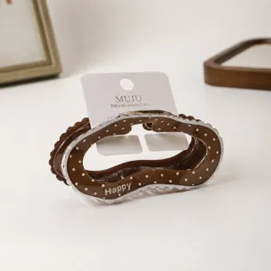 Brown polka dot cloud hair claw with card packaging, sweet lace design for daily styling.