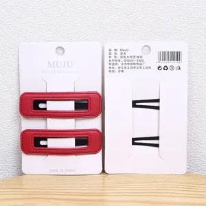 Red PU leather hair clips set of two, stylish Korean design side clips for daily hair styling.