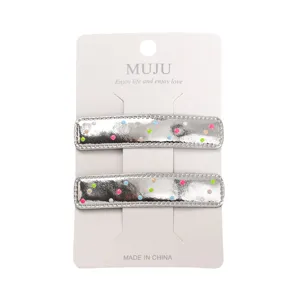 2-pack silver PU leather hair clips with colorful polka dot decor, cute minimalist bangs clip.