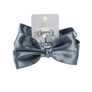 Sweet satin bow hair claw clip elegant double layer fabric shark clip for women styling